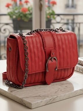 Longchamp Amazone Leather Quilted Chain Strap Shoulder Crossbody Bag in Red NWT